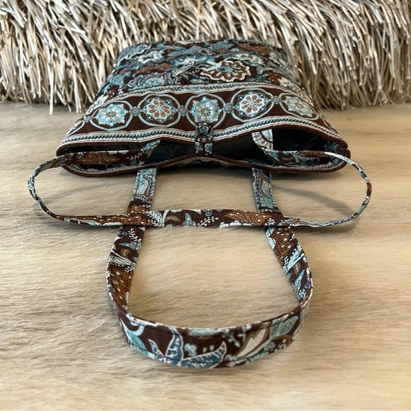 Vintage VERA BRADLEY Java Blue Medium Button Tote Brown Floral Y2K Button USA - Picture 7 of 12